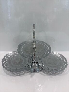 Vintage silver plated 3 tier folding tidbit serving tray dessert tray floral